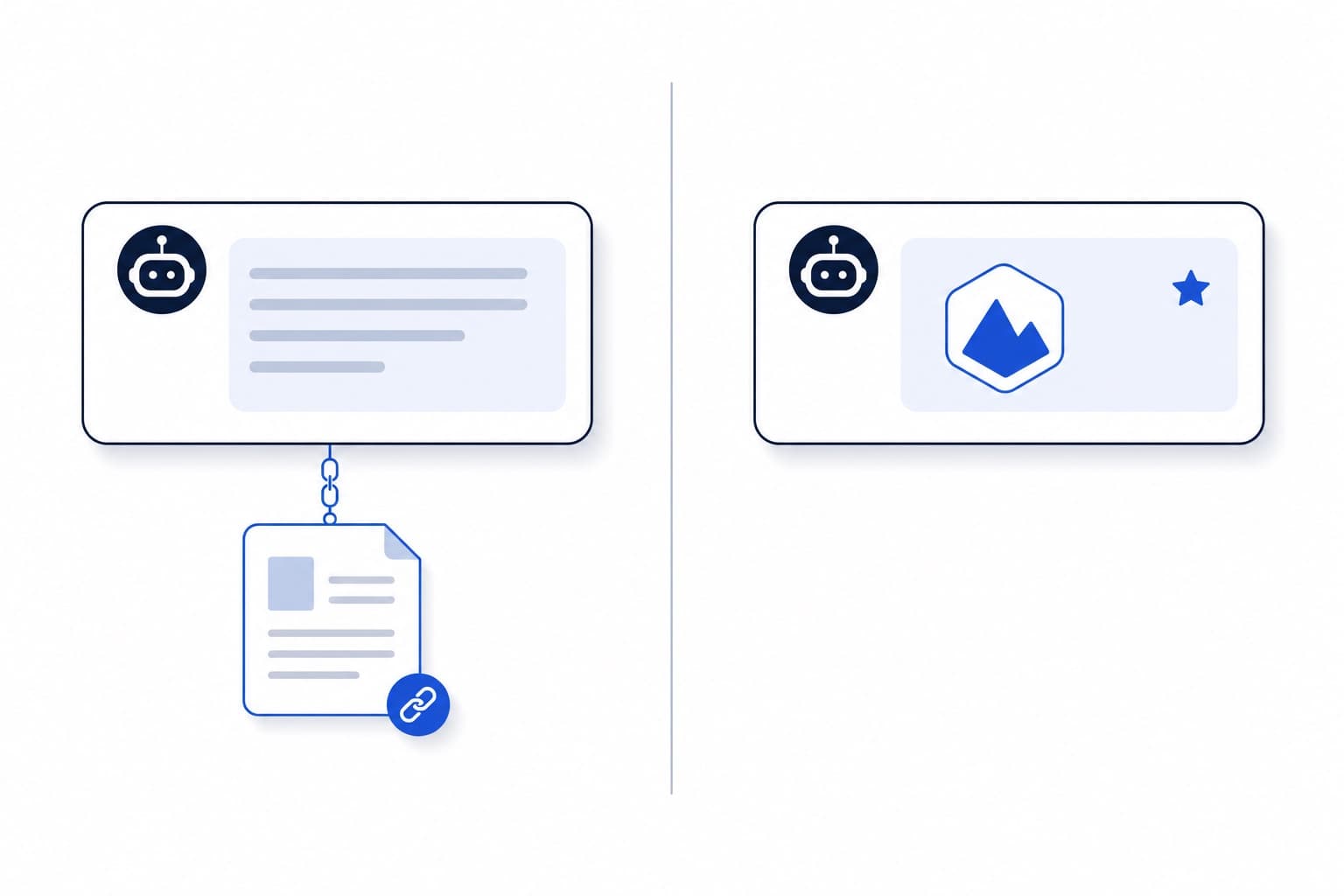 Illustration comparing an AI citation (answer linked to a source document) with an AI mention (answer naming and recommending a brand)