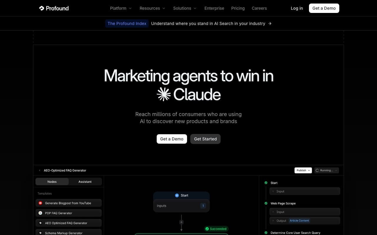 Profound homepage: marketing agents and AI search analytics