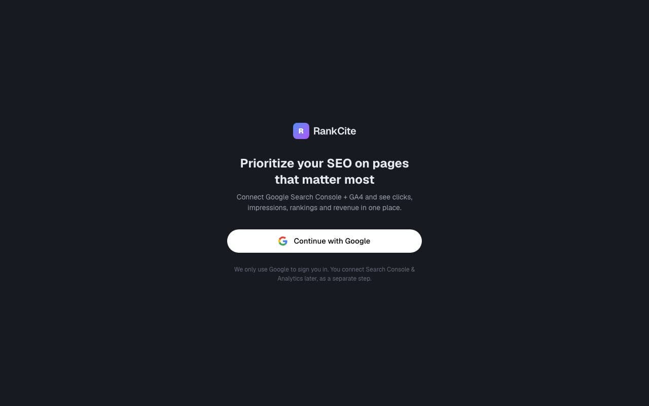 RankCite Analytics: connect Google Search Console and GA4 to see clicks, impressions, rankings and revenue in one place